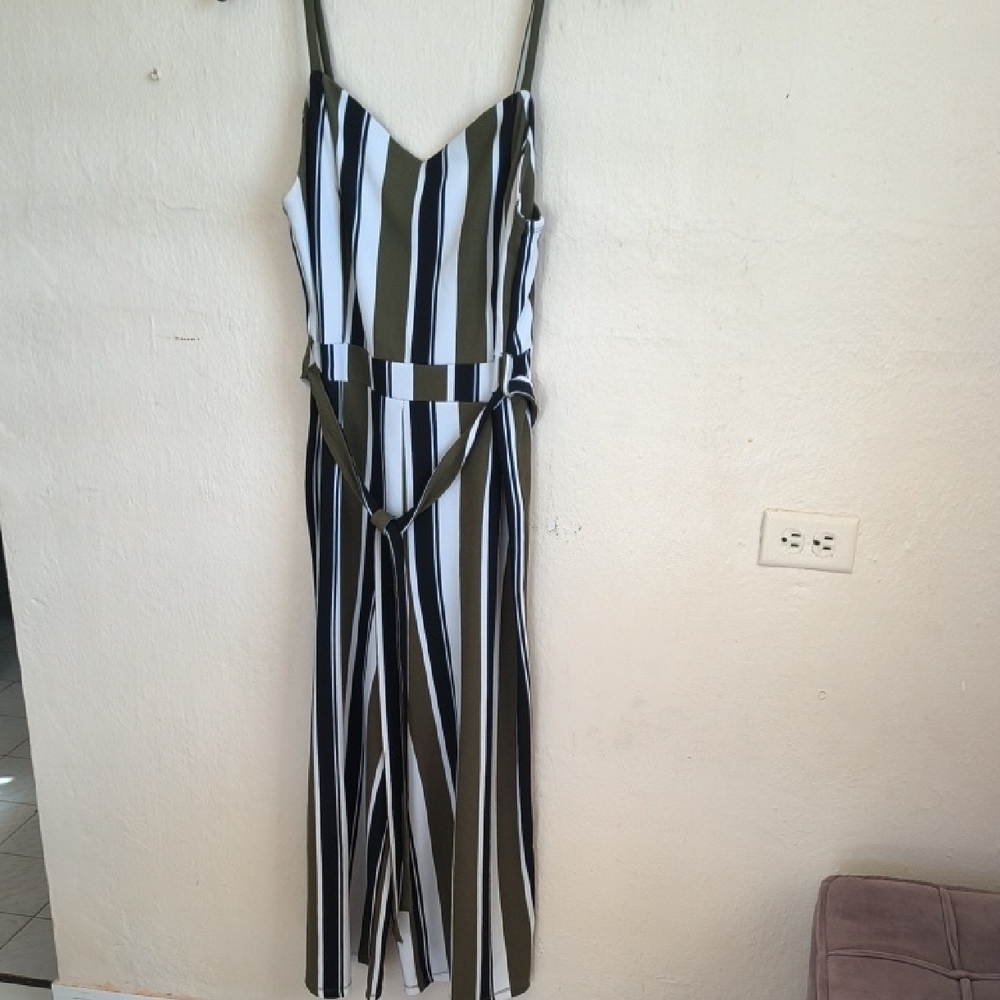 Almost Famous Olive and White Striped Jumpsuit